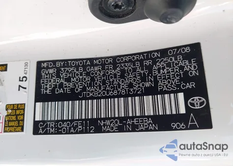 2008 Toyota Prius z USA, uszkodzony, nr VIN JTDKB20U687813721
